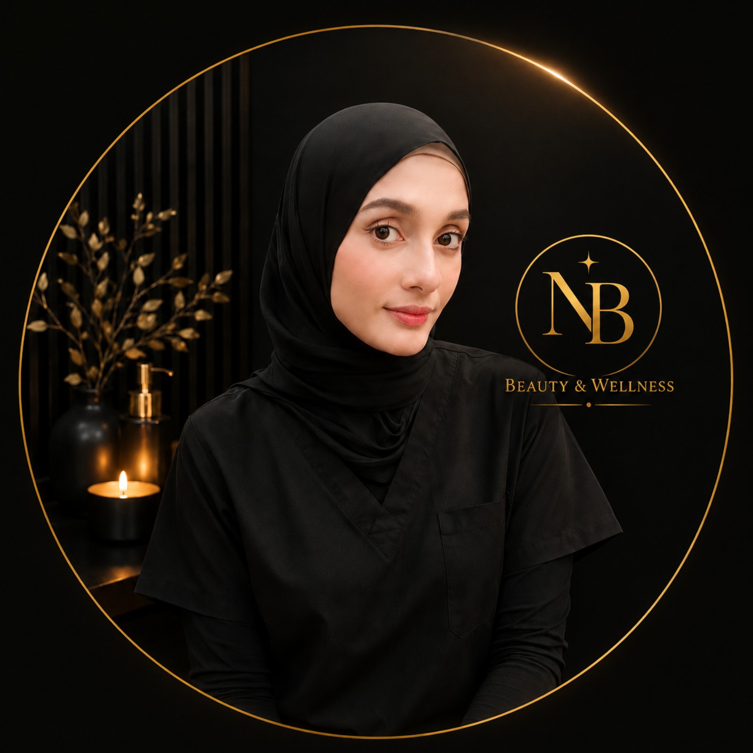 Terapis wanita NB Beauty & Wellness berhijab dalam pakaian rawatan hitam