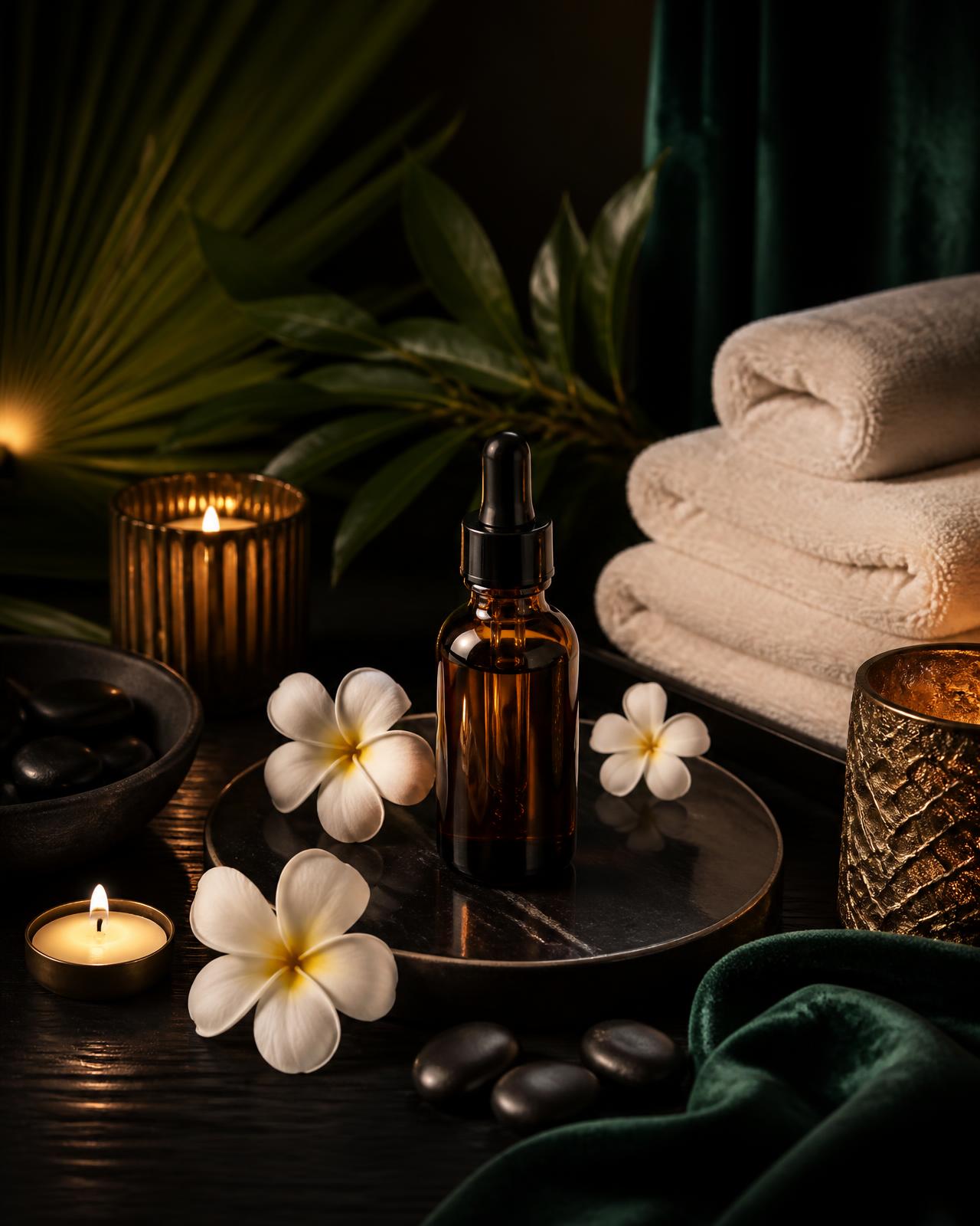 Suasana spa mewah dengan tuala, lilin dan bunga